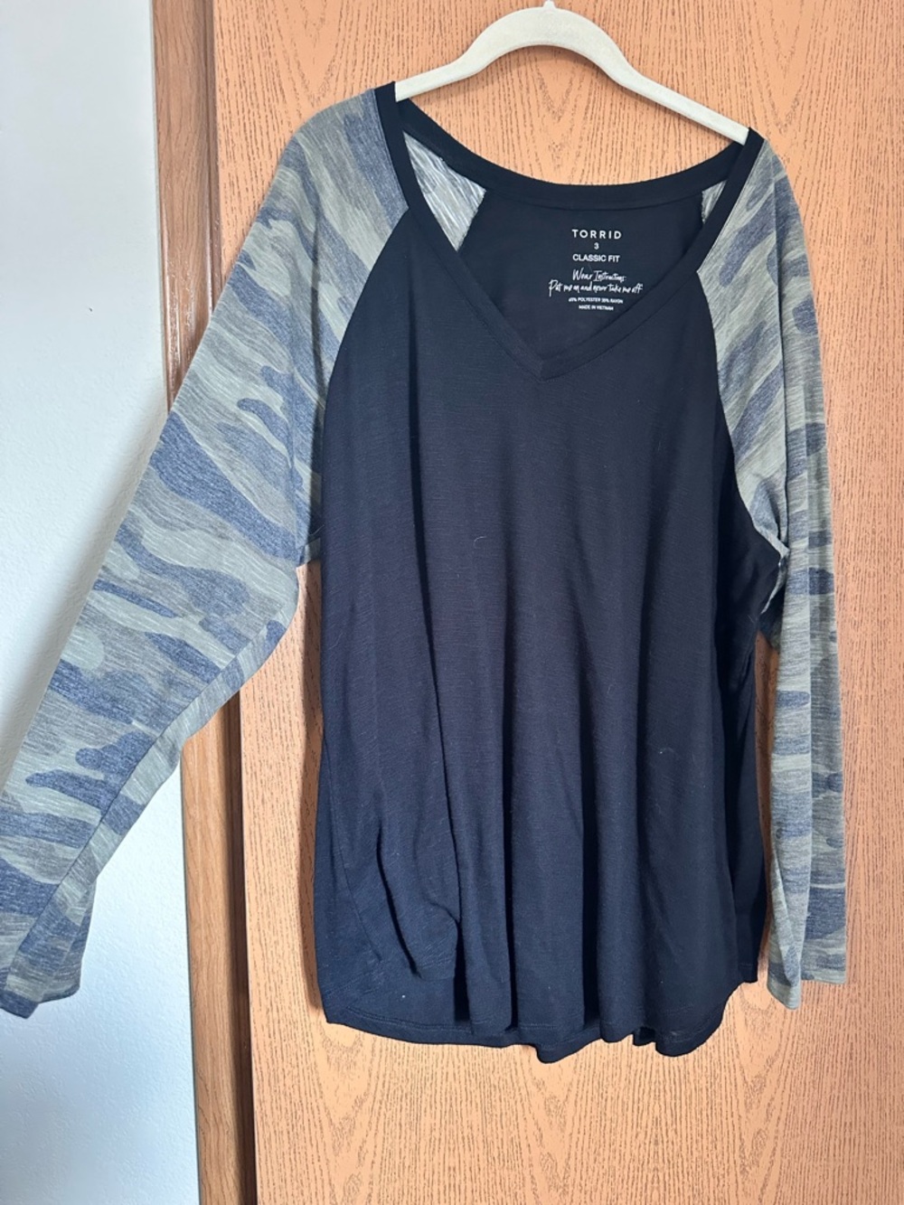 Torrid Black Top with Camo Raglan Sleeves